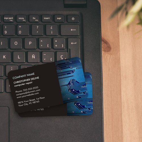 Modern Elegant Grey Blue Circuit Computer Repair Business Card