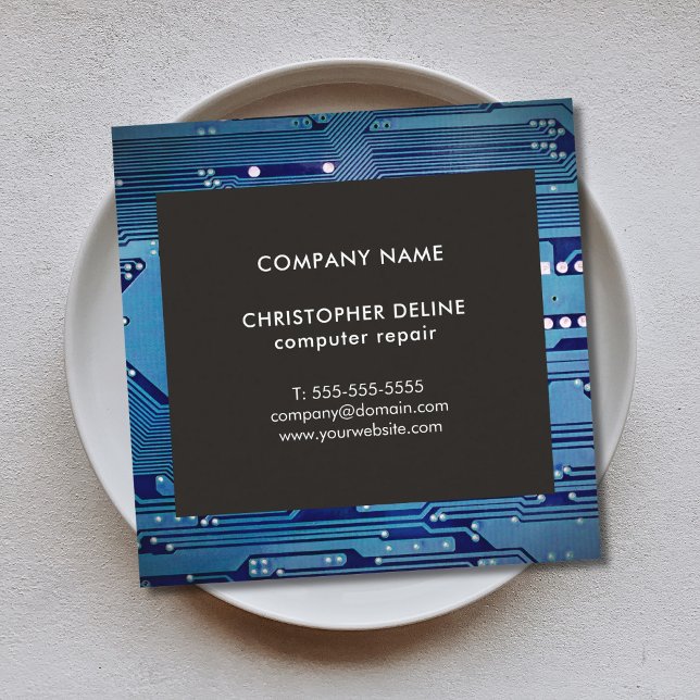 Modern Elegant Grey Blue Circuit Computer Repair Square Business Card (Creator Uploaded)