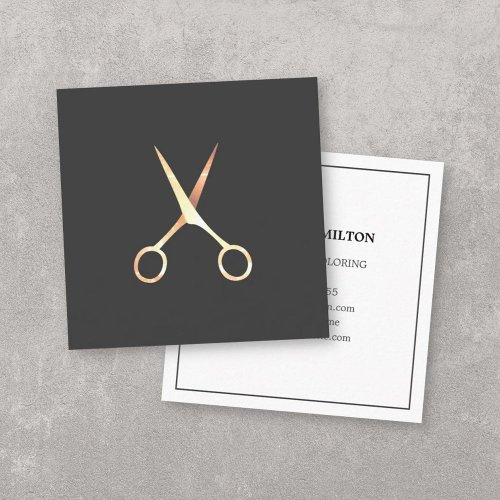 Modern Elegant Grey Faux Gold Scissors HairStylist Square Business Card