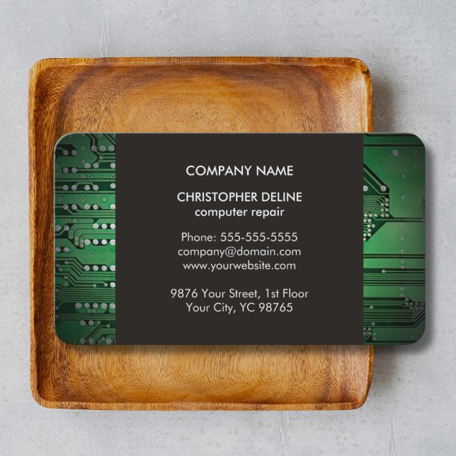 Modern Elegant Grey Green Circuit Computer Repair Business Card (Creator Uploaded)