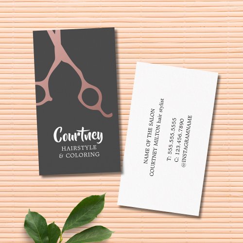 Modern Elegant Grey Rose Gold Scissors HairStylist Business Card