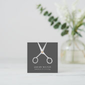 Modern Elegant Grey Silver Scissors Hair Stylist Square Business Card (Standing Front)