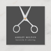 Modern Elegant Grey Silver Scissors Hair Stylist Square Business Card (Front)