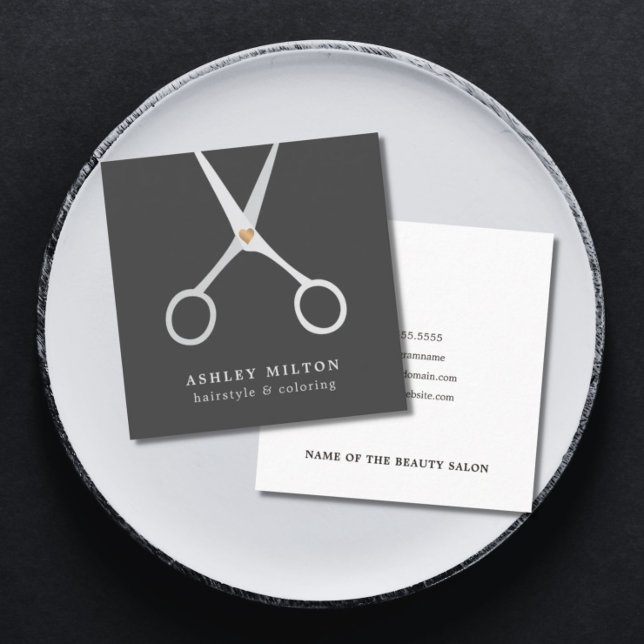 Modern Elegant Grey Silver Scissors Hair Stylist Square Business Card