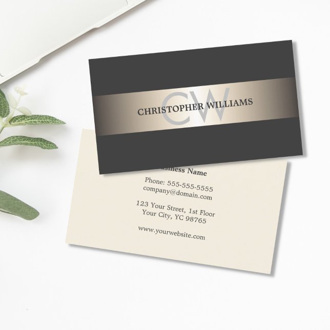 Modern Elegant Grey Stripes Monogram Consultant Business Card (Creator Uploaded)