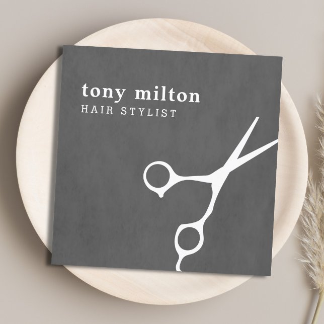 Modern Elegant Grey White Scissors Hair Stylist Square Business Card (Creator Uploaded)