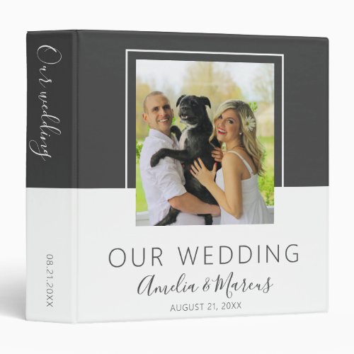Modern Elegant Grey White Wedding Photo Album 3 Ring Binder - Modern and simple wedding photo album 3 ring binder for your wedding day memories. Simple design with a trendy script in dark grey and the background in grey and white colors. Easily personalize all the text on the front and on the spine and the wedding photo on the front - make your own unique photo album.