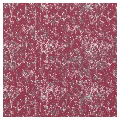 Modern Elegant Grey Wildflowers on Burgundy Red  Fabric