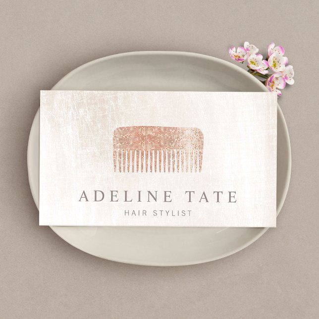 Modern Elegant Hair Stylist Rose Gold Sequin Comb Business Card (Creator Uploaded)