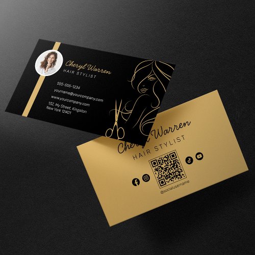 Modern Elegant Hairstylist Photo Black QR Code Business Card