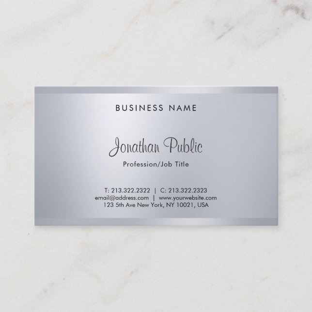 Modern Elegant Hand Font Script Glamour Silver Business Card (Front)