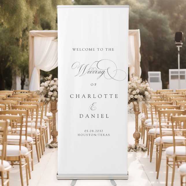 Modern, elegant, handwriting font, white wedding retractable banner (Modern, elegant, handwriting font, white wedding retractable banner.)