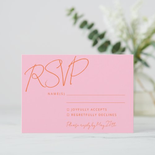 Modern Elegant Handwriting Pink Orange Wedding  RSVP Card