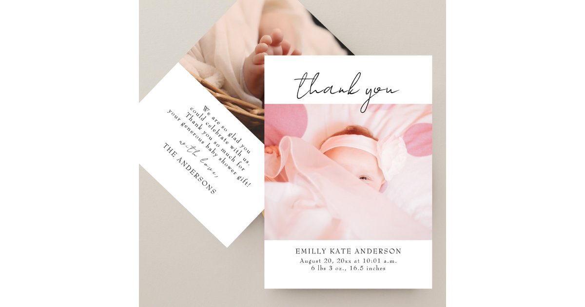 Modern Elegant Handwritten 2 Photos Baby Shower Thank You Card | Zazzle