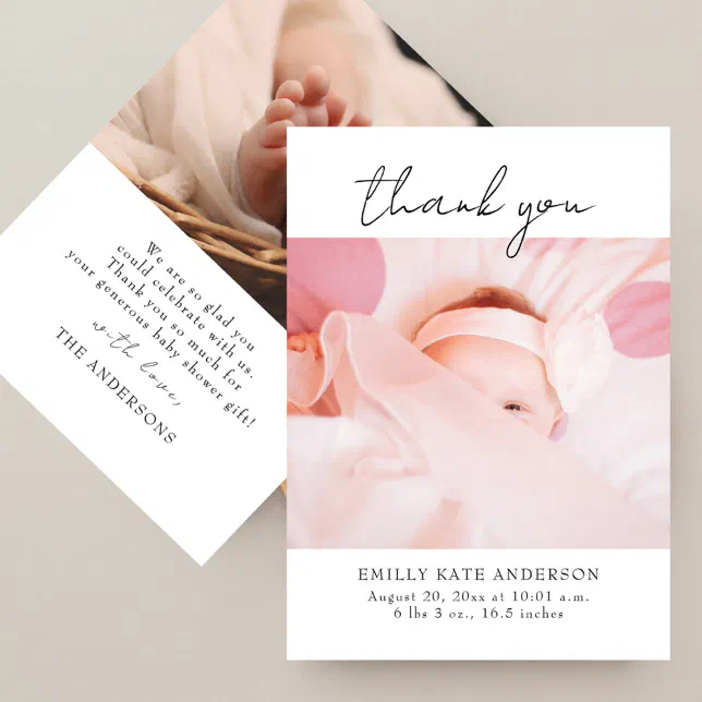 Modern Elegant Handwritten 2 Photos Baby Shower Thank You Card | Zazzle