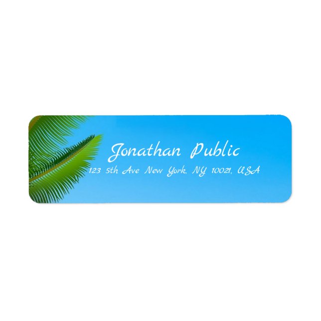 Modern Elegant Handwritten Script Palms Blue Sky Label (Front)