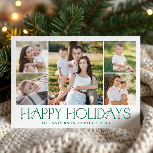 Modern Elegant Happy Holidays 5 Photo Collage Letterpress Photo Cards