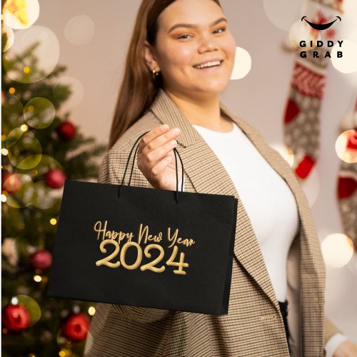 Modern Elegant Happy New Year 2024 Black Large Gift Bag