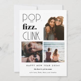 Modern Elegant Happy New Year 3 Photo Friends Holiday Card