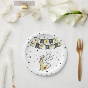 Modern Elegant Happy New Year Black Gold Party Paper Plates