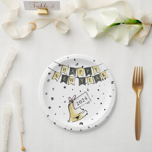 Modern Elegant Happy New Year Black Gold Party Paper Plates (Wedding)