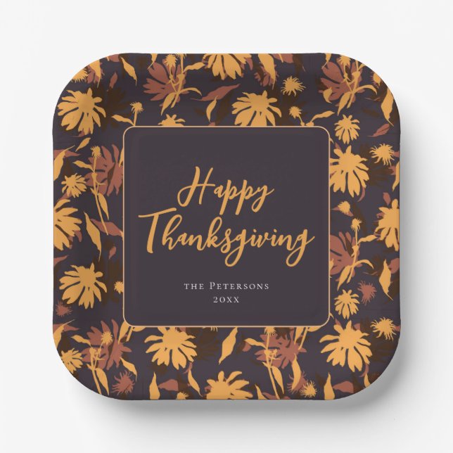 Modern Elegant Happy Thanksgiving Coneflowers Paper Plates (Front)
