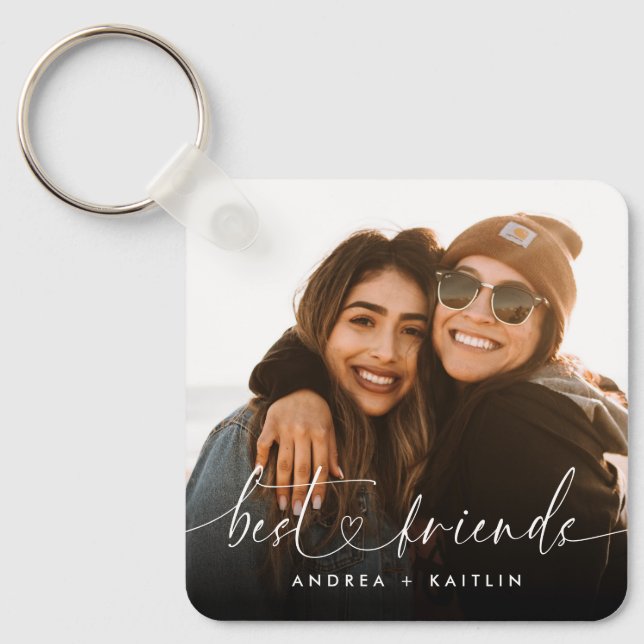 Modern Elegant Heart Script Bestfriends BFF Photo Keychain (Front)