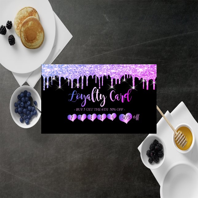Modern Elegant Hearts, Black, Glitter Drips Loyalty Card (Creator Uploaded)