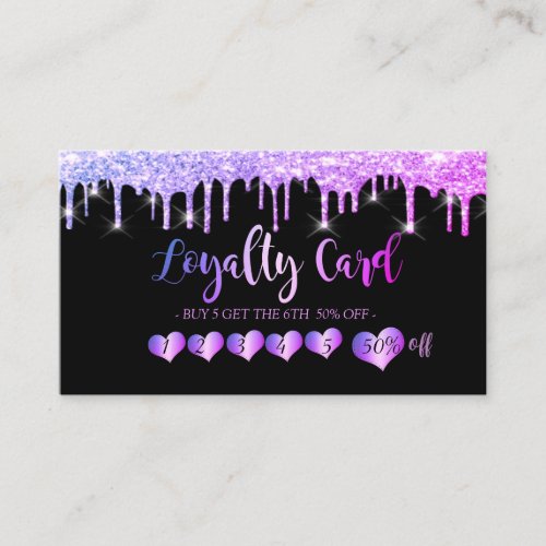 Modern Elegant Hearts Black Glitter Drips Loyalty Card