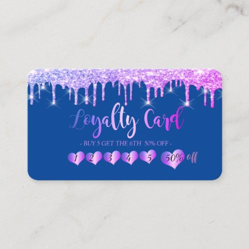 Modern Elegant Hearts Blue Glitter Drips Loyalty Card