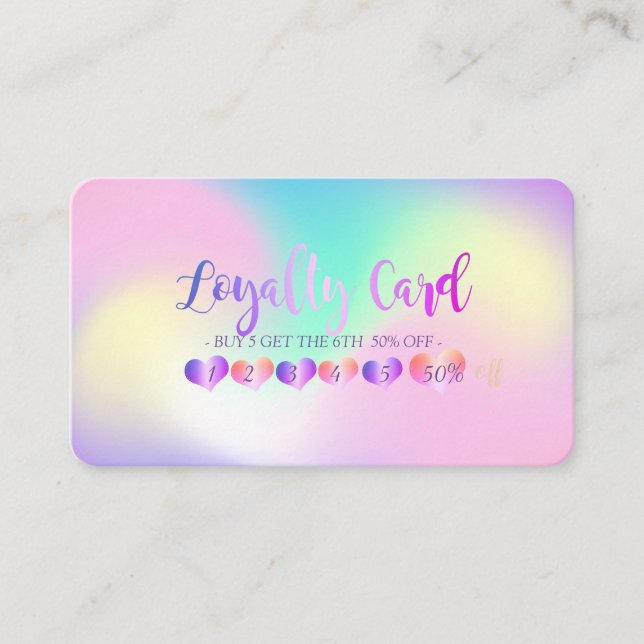 Modern Elegant Hearts Ombre Holographic Loyalty Card (Front)