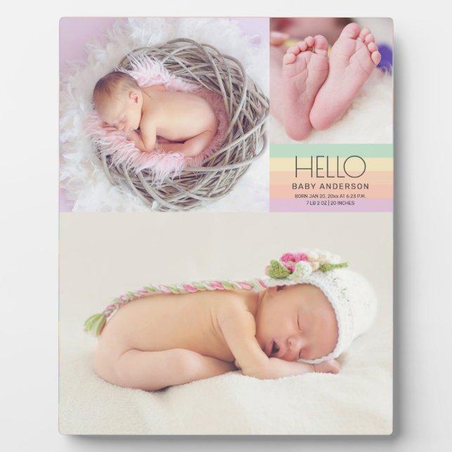 Modern Elegant Hello Baby Photo Birth Date Stats Plaque (Front)
