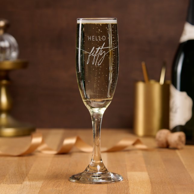 Modern Elegant Hello Fifty 50th Script Calligraphy Champagne Flute (Party)