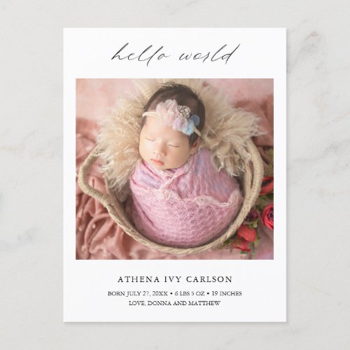 Modern Elegant Hello World Photo Simple Birth Announcement Postcard