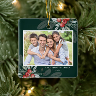 Modern Elegant Holiday Greenery 2 Photo Christmas Ceramic Ornament