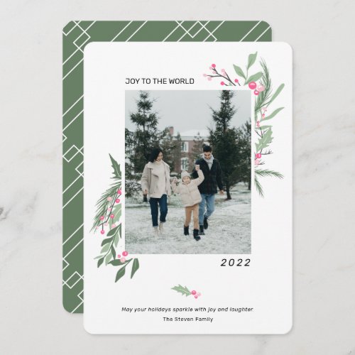 Modern elegant holly berries Christmas photo Holiday Card