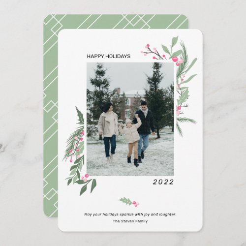 Modern elegant holly berries Christmas photo Holiday Card