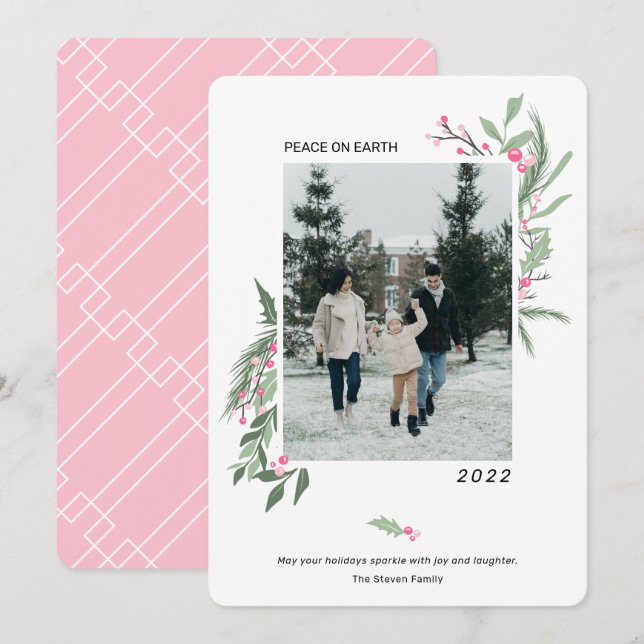 Modern elegant holly berries Christmas photo Holiday Card (Front/Back)