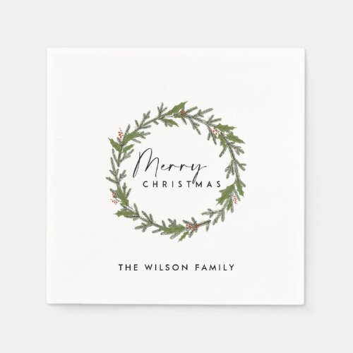 MODERN ELEGANT HOLLY BERRY WREATH CHRISTMAS NAPKINS