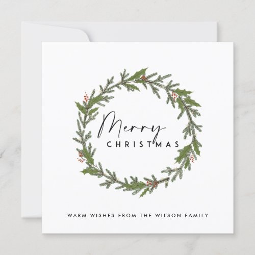 MODERN ELEGANT HOLLY BERRY WREATH MERRY CHRISTMAS HOLIDAY CARD