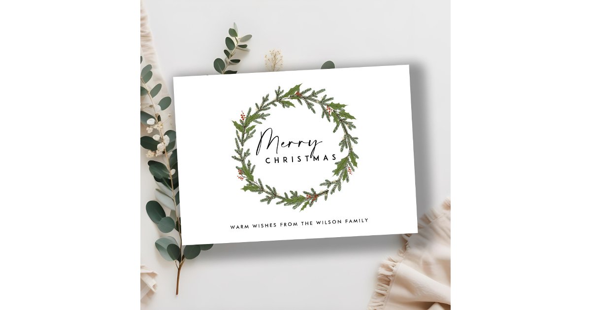 MODERN ELEGANT HOLLY BERRY WREATH MERRY CHRISTMAS HOLIDAY CARD | Zazzle