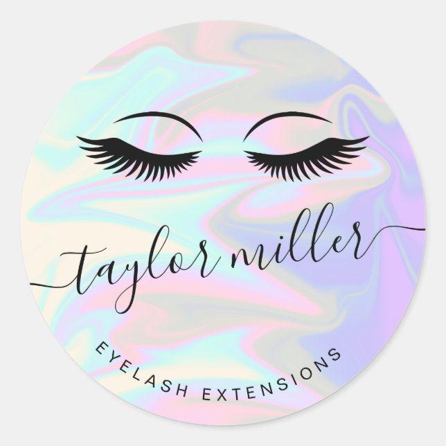 Modern elegant holographic eyelash extensions classic round sticker (Front)