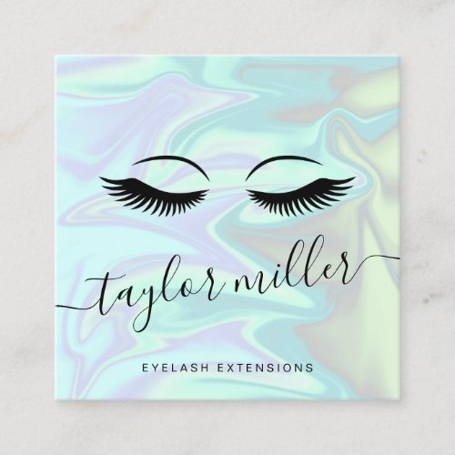 Modern elegant holographic eyelash extensions square business card