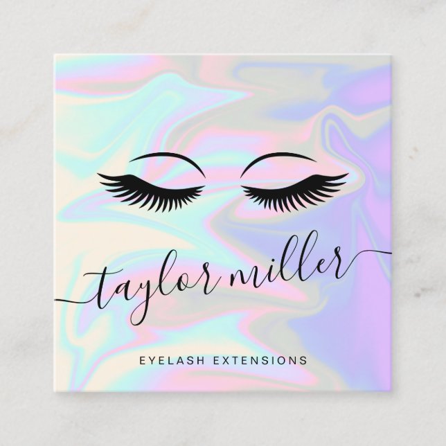 Modern elegant holographic eyelash extensions square business card (Front)