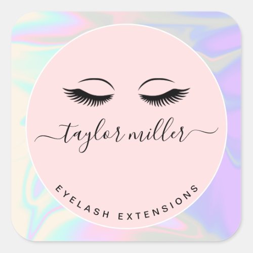 Modern elegant holographic eyelash extensions square sticker