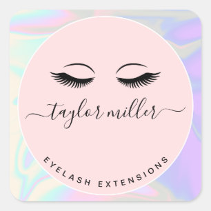 Modern elegant holographic eyelash extensions square sticker