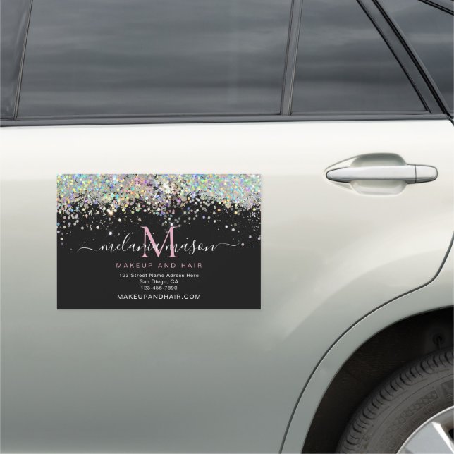 Modern Elegant Holographic Glitter Black  Car Magnet (In Situ)