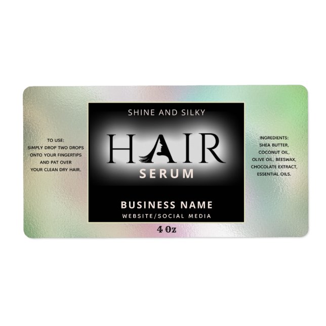 Modern elegant  holographic HAIR serum label (Front)