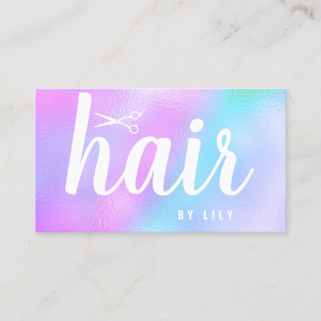 Modern elegant holographic hairstylist scissors business card (Front)