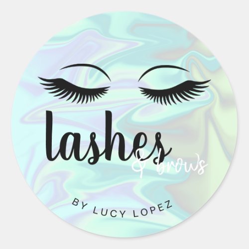 Modern elegant holographic lashes  brows classic round sticker